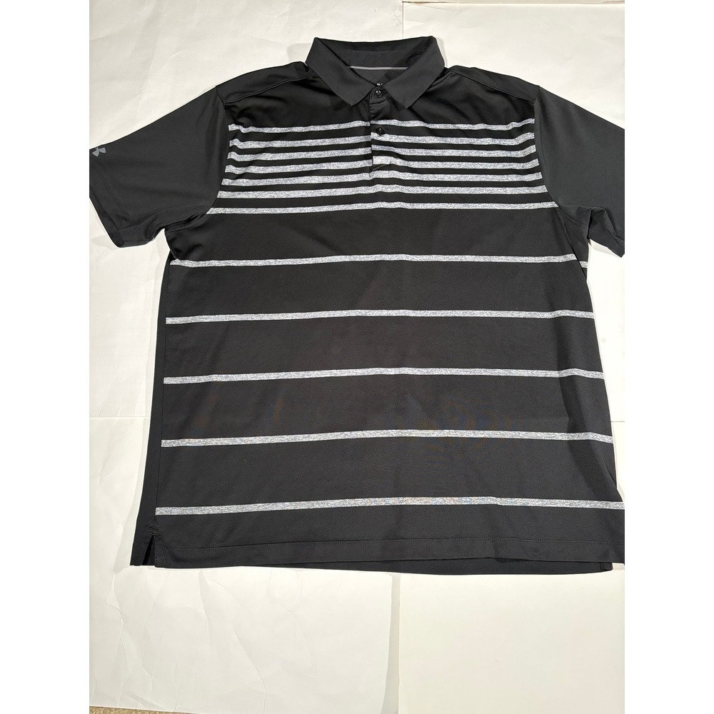 Under Armour HeatGear Men's XL Loose Fit Black Gray Striped Golf Polo Shirt